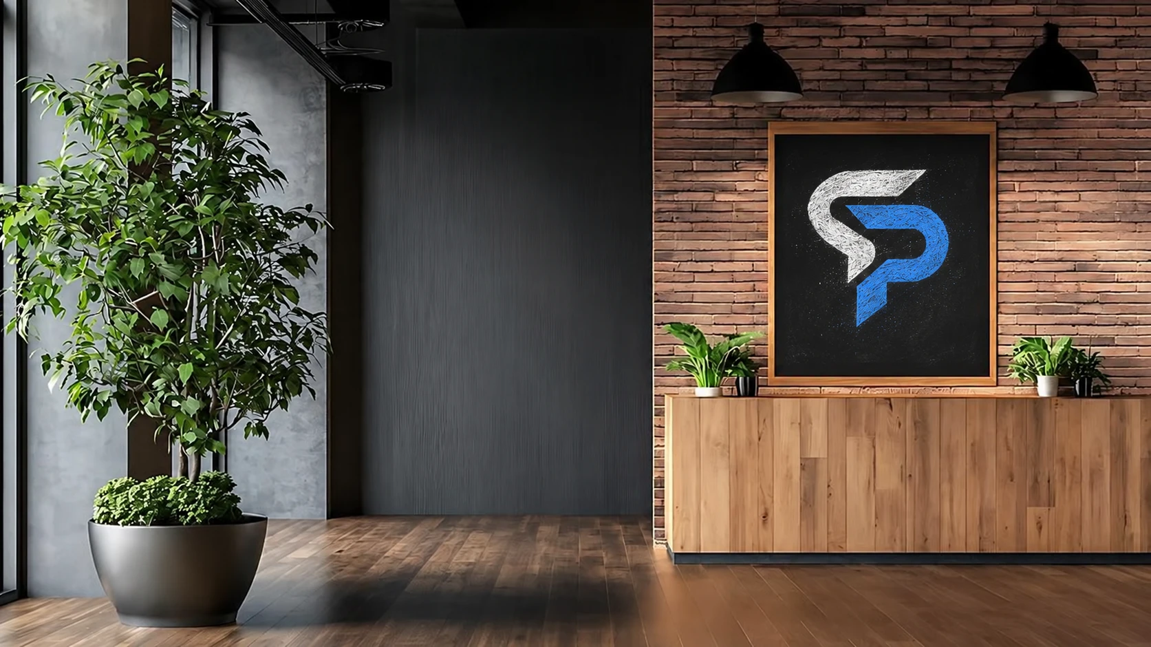 Social Patter B2B marketing agency office with the Social Patter logo framed on a brick wall behind the reception desk